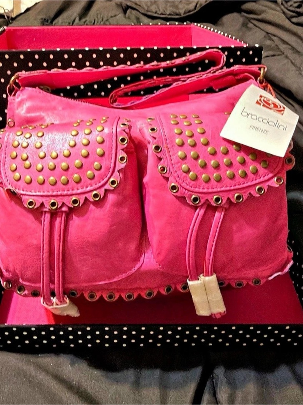 bracliini Studded Shoulder Bag in Pink & Black NWT